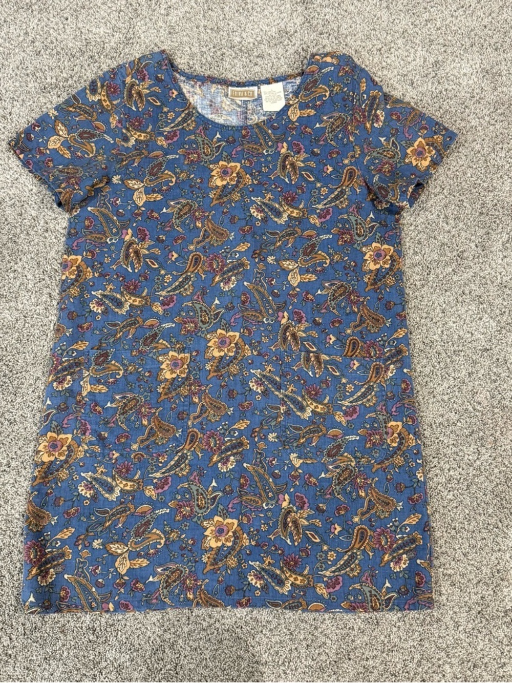 Vintage Erika & Co Blue Paisley Linen Cotton Shift Mini Dress Pockets Women’s L